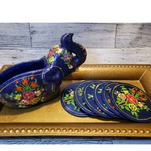 Vtg Kashmiri Paper Mache Hand Painted Fabric Lined Elephant Floral 6 Coaster Set